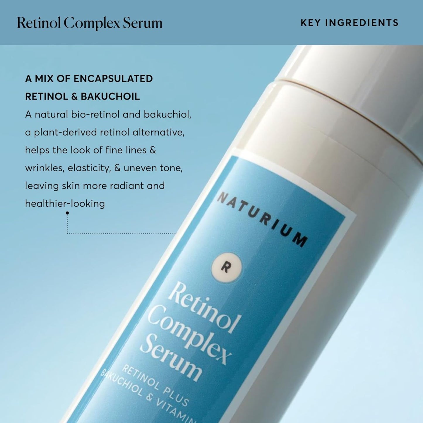 Naturium Retinol Complex Serum bottle with blue label on a light blue background