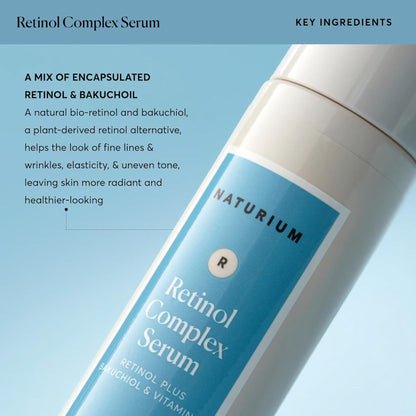 Naturium Retinol Complex Serum bottle with blue label on a light blue background