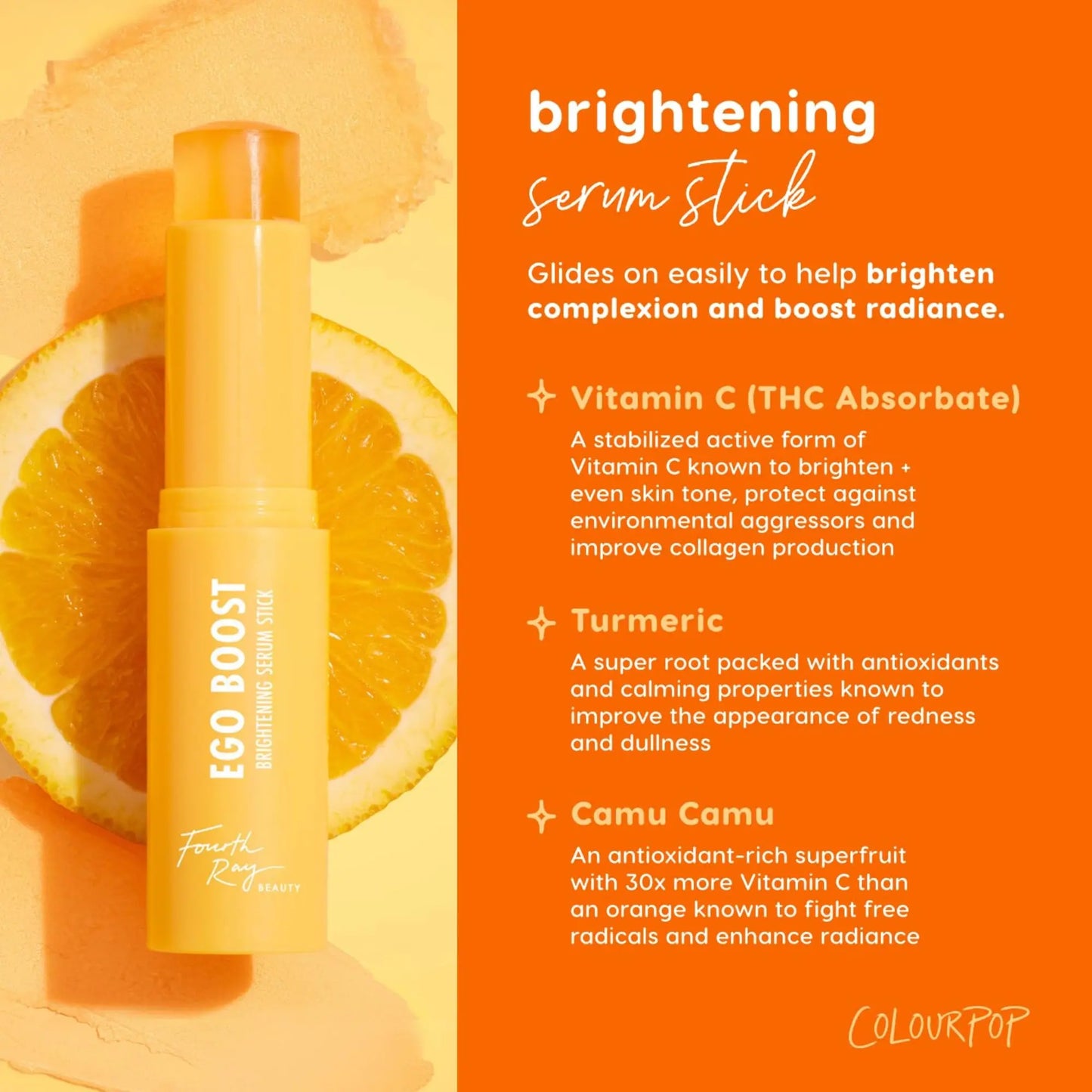 Eco Boost brightening serum stick with orange slices on an orange background, featuring ColourPop branding.