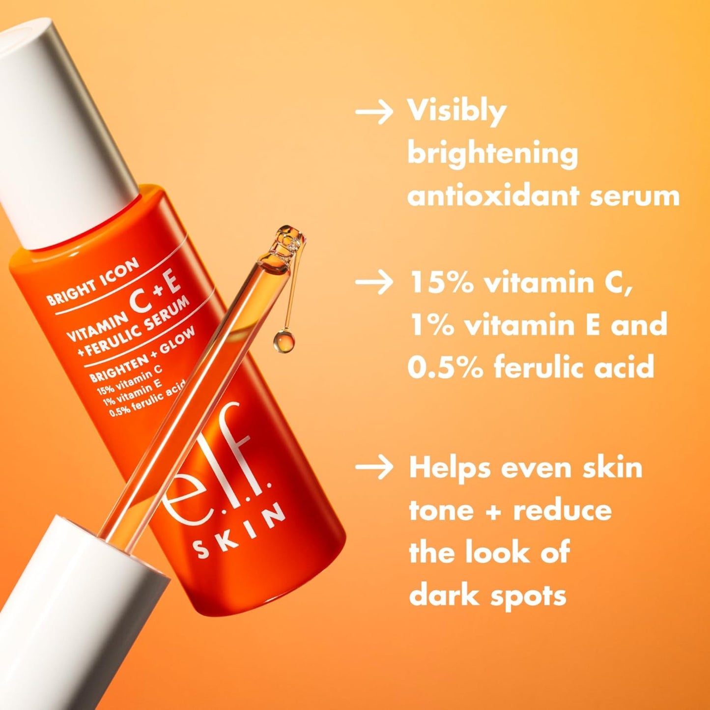 e.l.f. Skin vitamin C+E serum bottle with dropper on an orange background