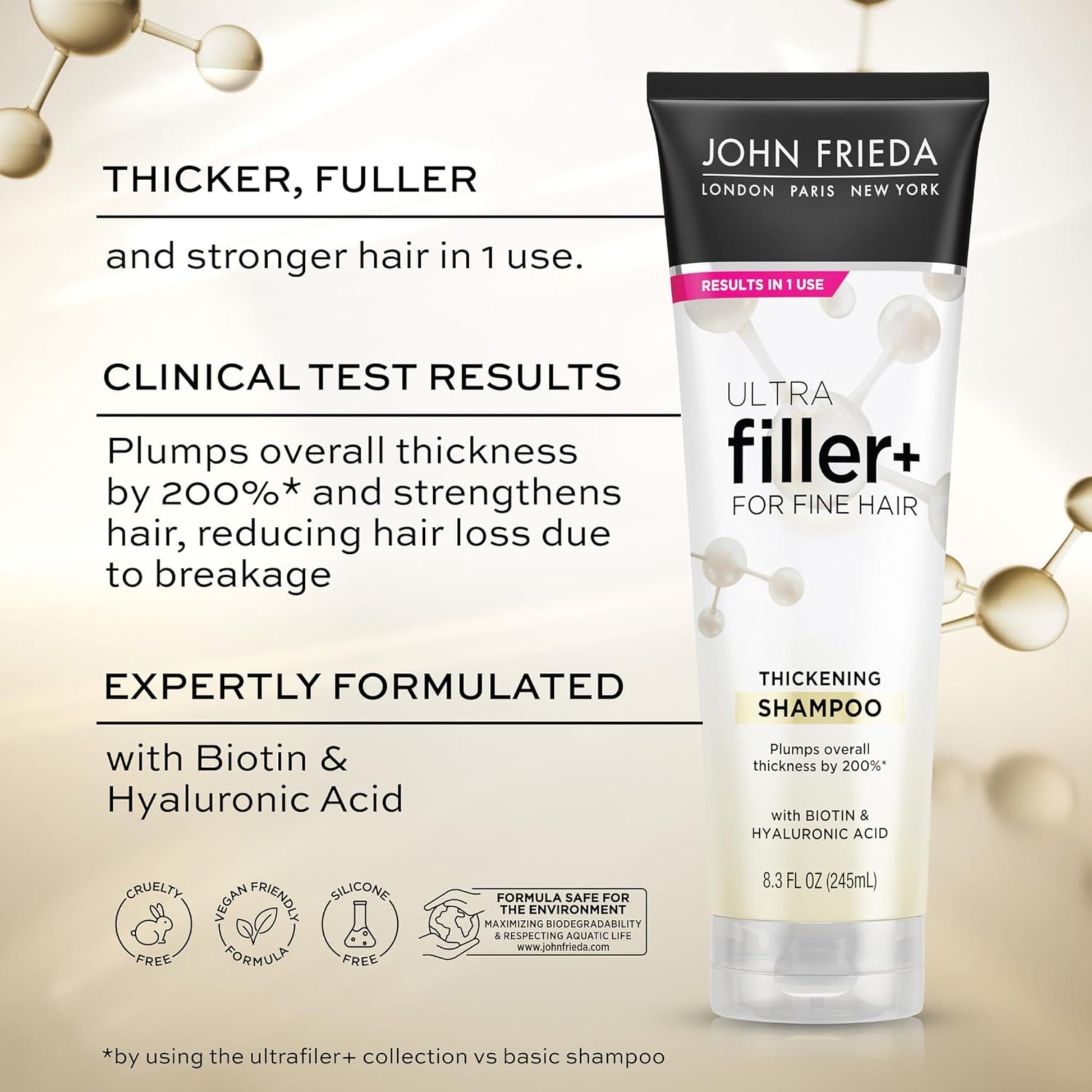 John Frieda Ultra Filler+ Thickening Shampoo tube with product details on a beige background