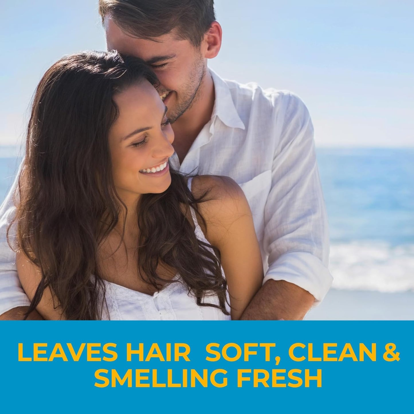 Couple embracing on a beach with text about hair care product benefits.