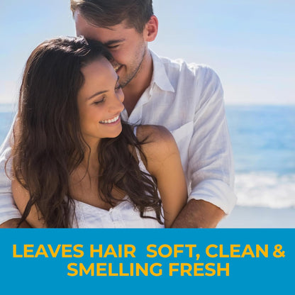 Couple embracing on a beach with text about hair care product benefits.