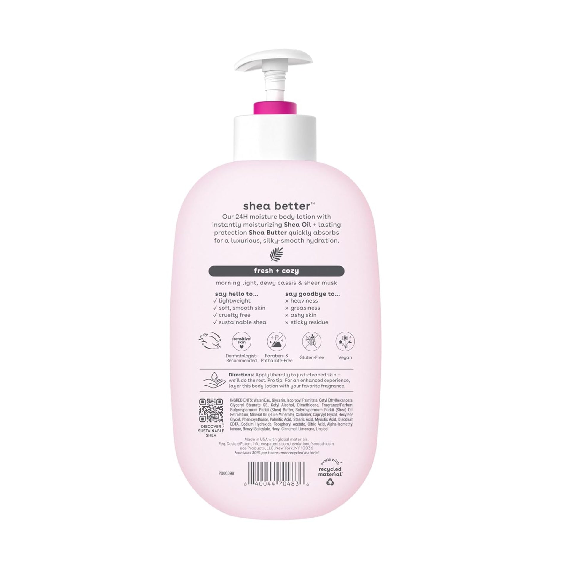 Pink bottle of shea butter lotion with pump on a white background