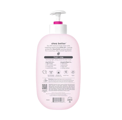 Pink bottle of shea butter lotion with pump on a white background