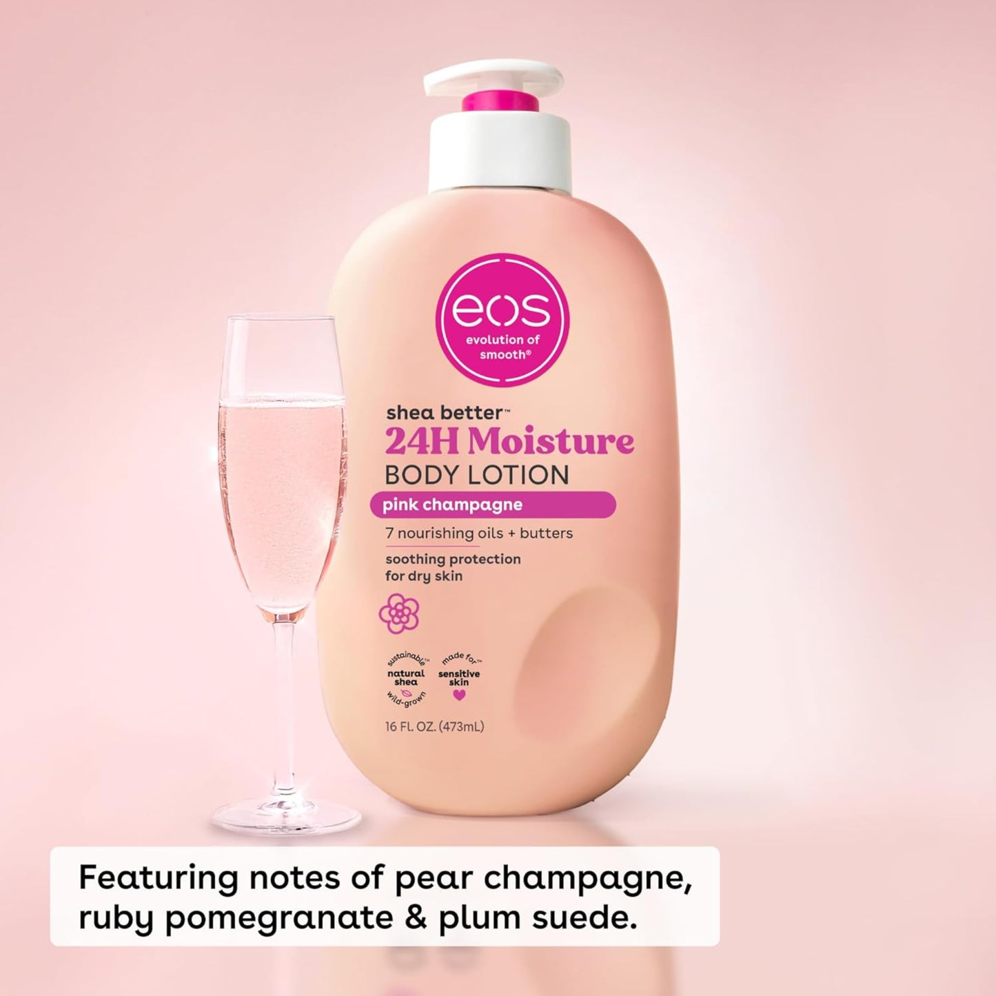  eos shea butter 24H Moisture body lotion bottle with pink champagne flavor on a pink background