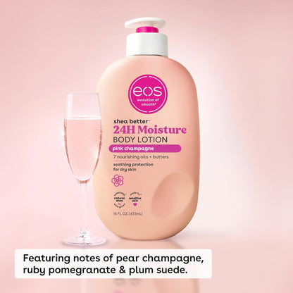  eos shea butter 24H Moisture body lotion bottle with pink champagne flavor on a pink background