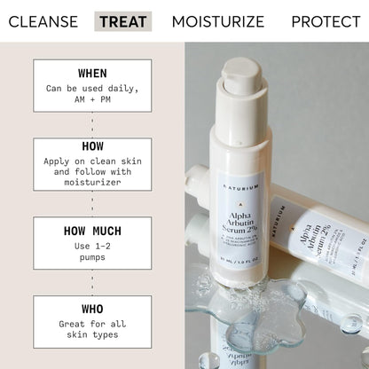 Naturium Alpha Arbutin Serum 2% bottle with usage instructions on a beige background