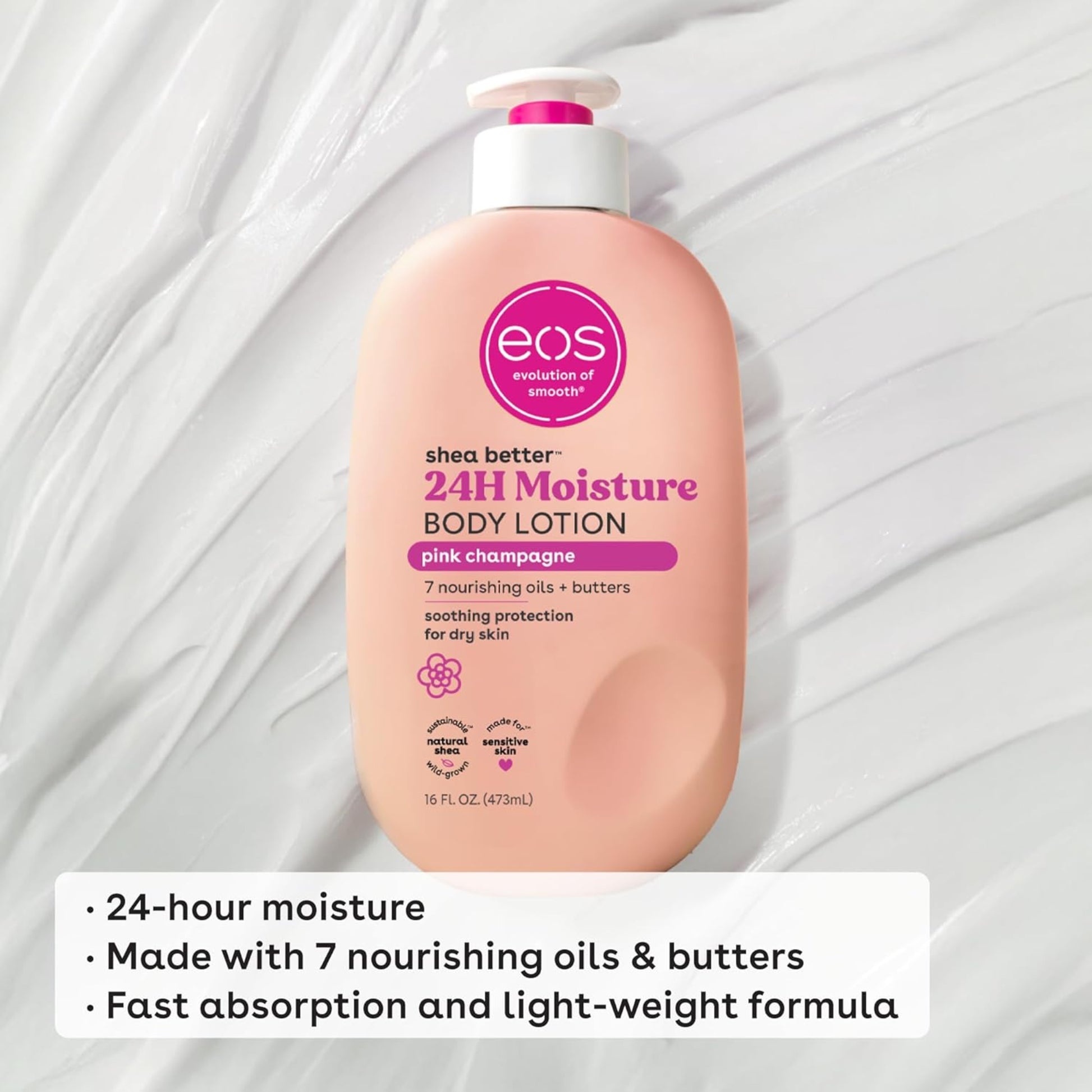  eos 24-hour moisture body lotion bottle on a white background
