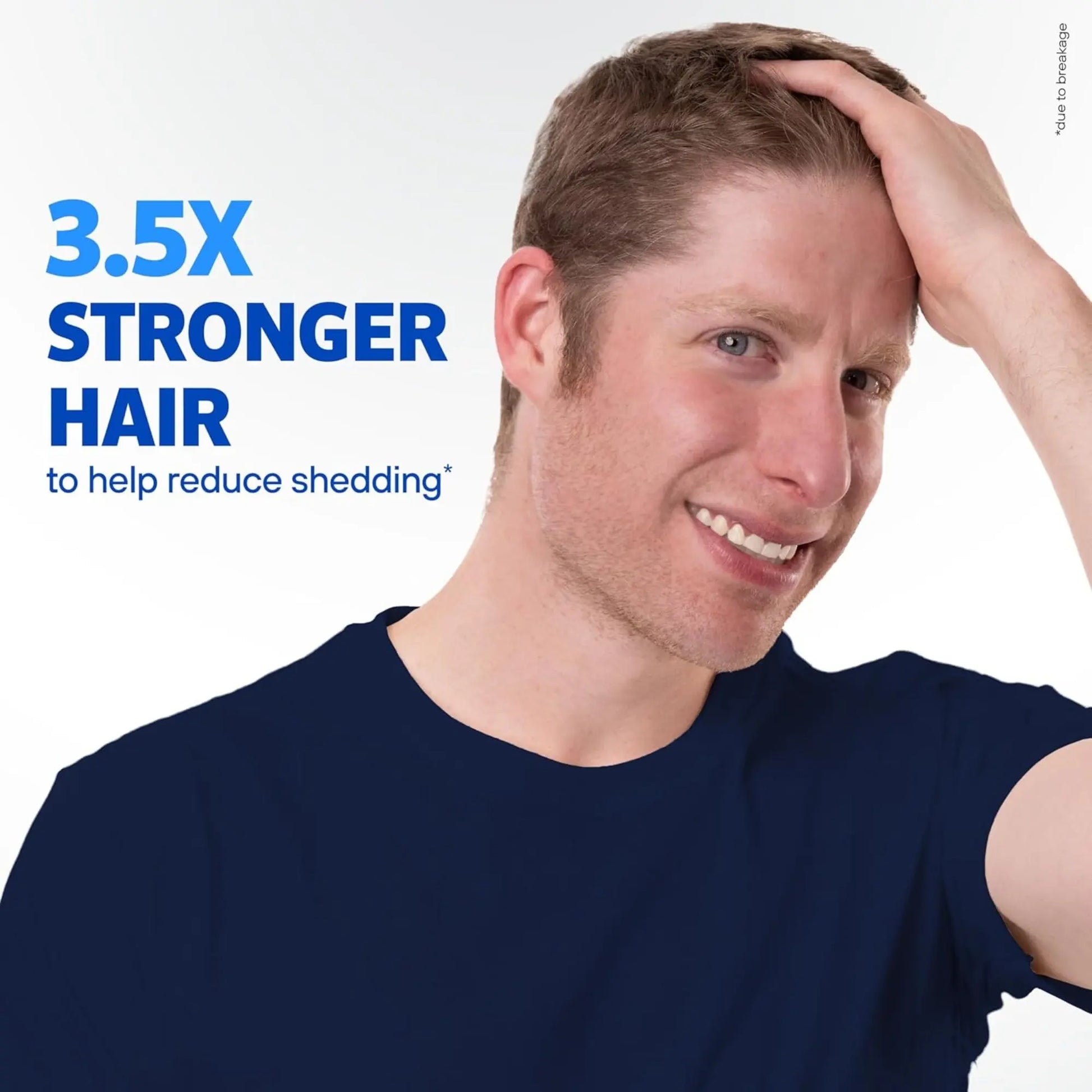 Man with hand on head against a white background with text about stronger hair
