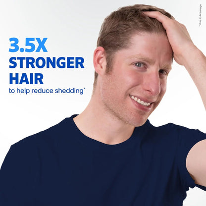 Man with hand on head against a white background with text about stronger hair