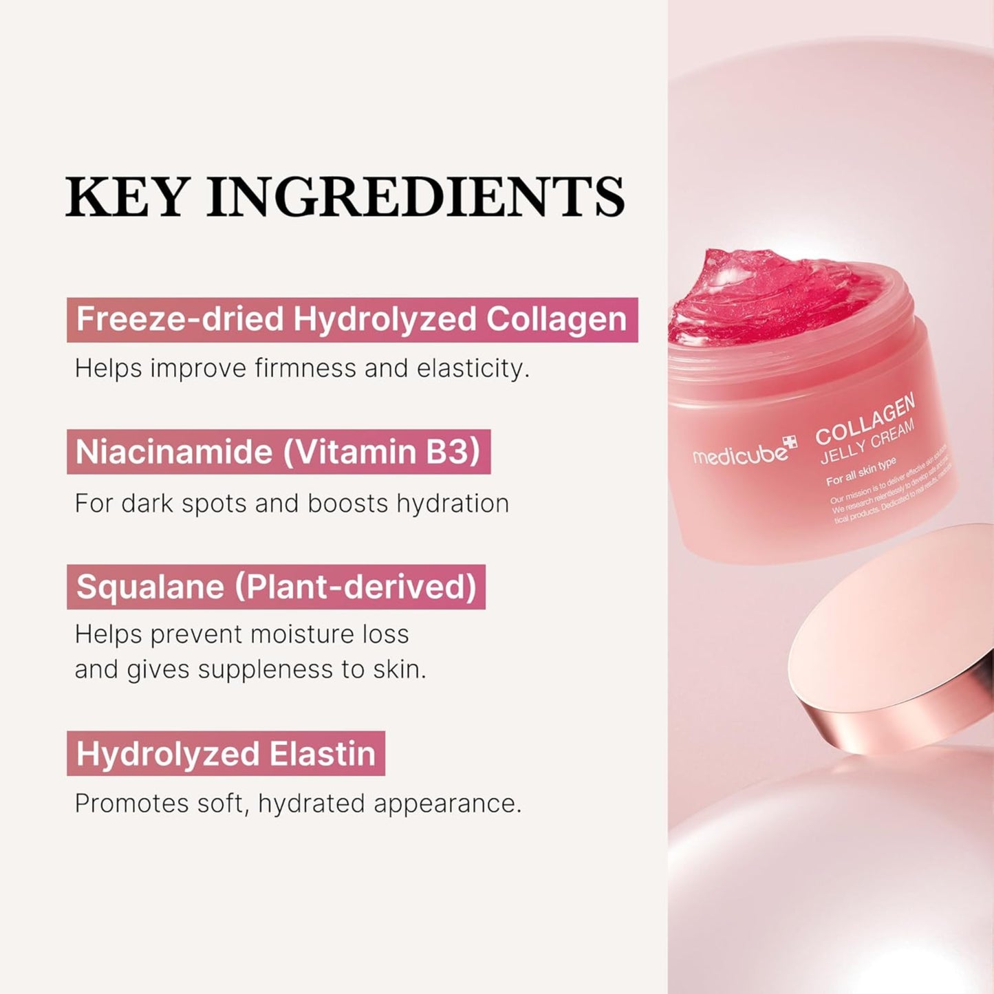Collagen jelly cream with key ingredients listed on a white background