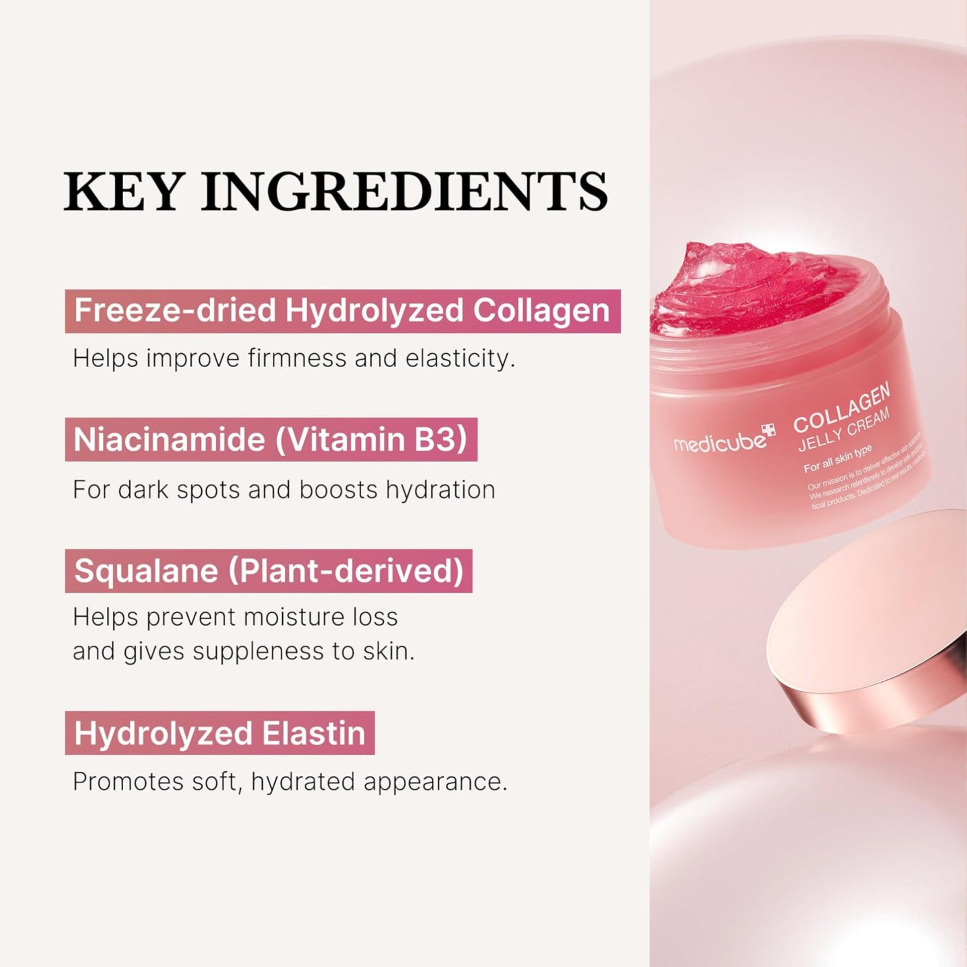 Collagen jelly cream with key ingredients listed on a white background