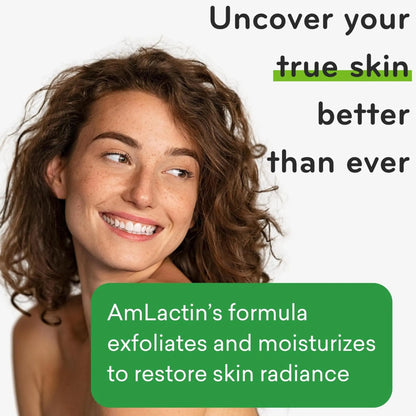Woman with a smile, text about AmLactin's skin care product, and a green box.