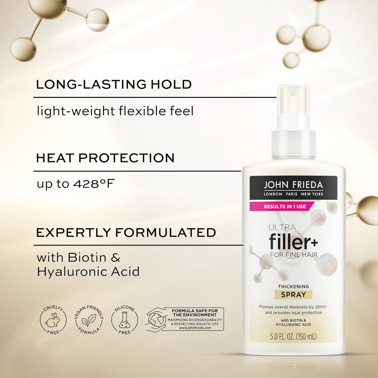 John Frieda Ultra Filler+ spray bottle with product features on a beige background