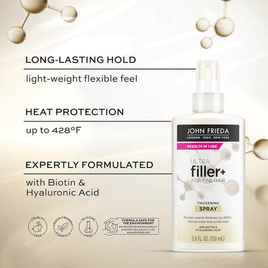 John Frieda Ultra Filler+ spray bottle with product features on a beige background