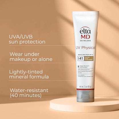 Elta MD sunscreen tube on a beige background with product features text.