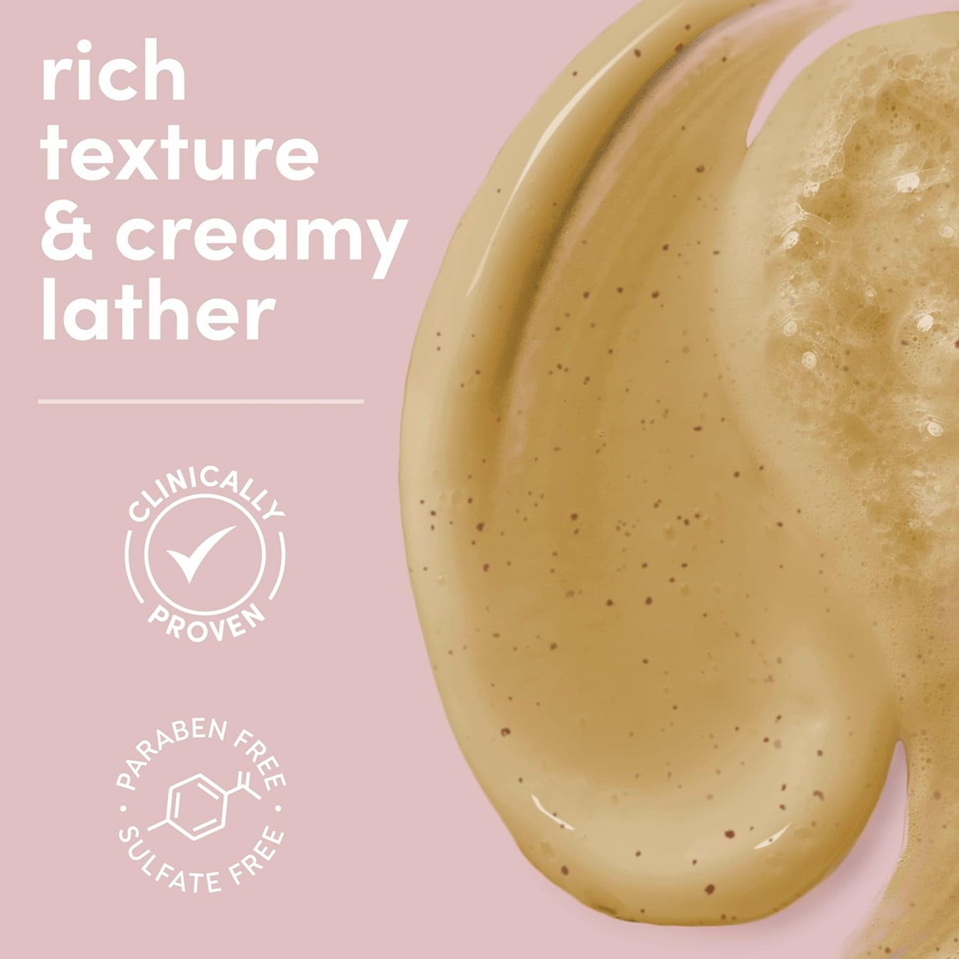 Close-up of a rich texture and creamy lather with 'Clinically Proven', 'Paraben Free', and 'Sulfate Free' labels on a pink background.