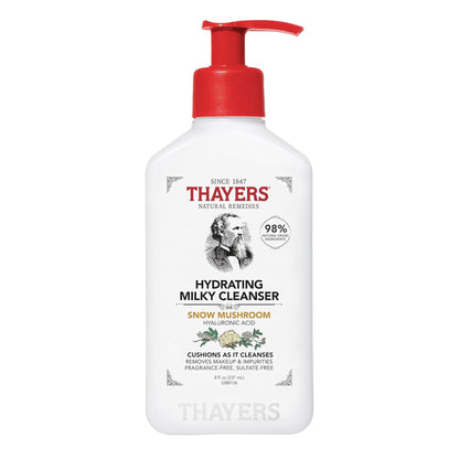 Thayers Hydrating Milky Cleanser bottle with red pump on a white background