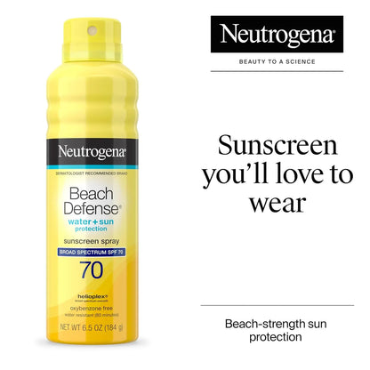 Neutrogena Beach Defense sunscreen spray bottle on a white background