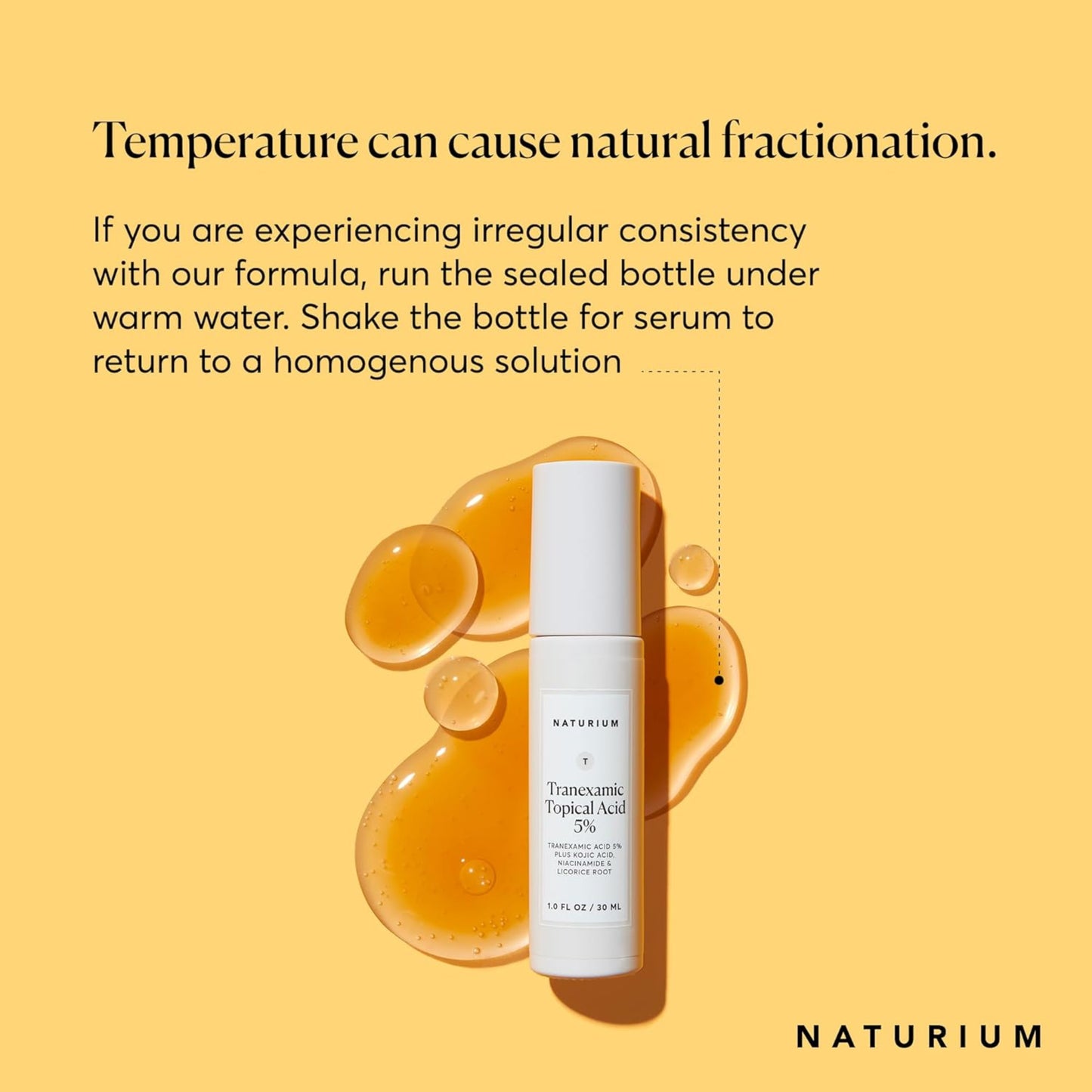 Naturium skincare serum bottle with text on a yellow background