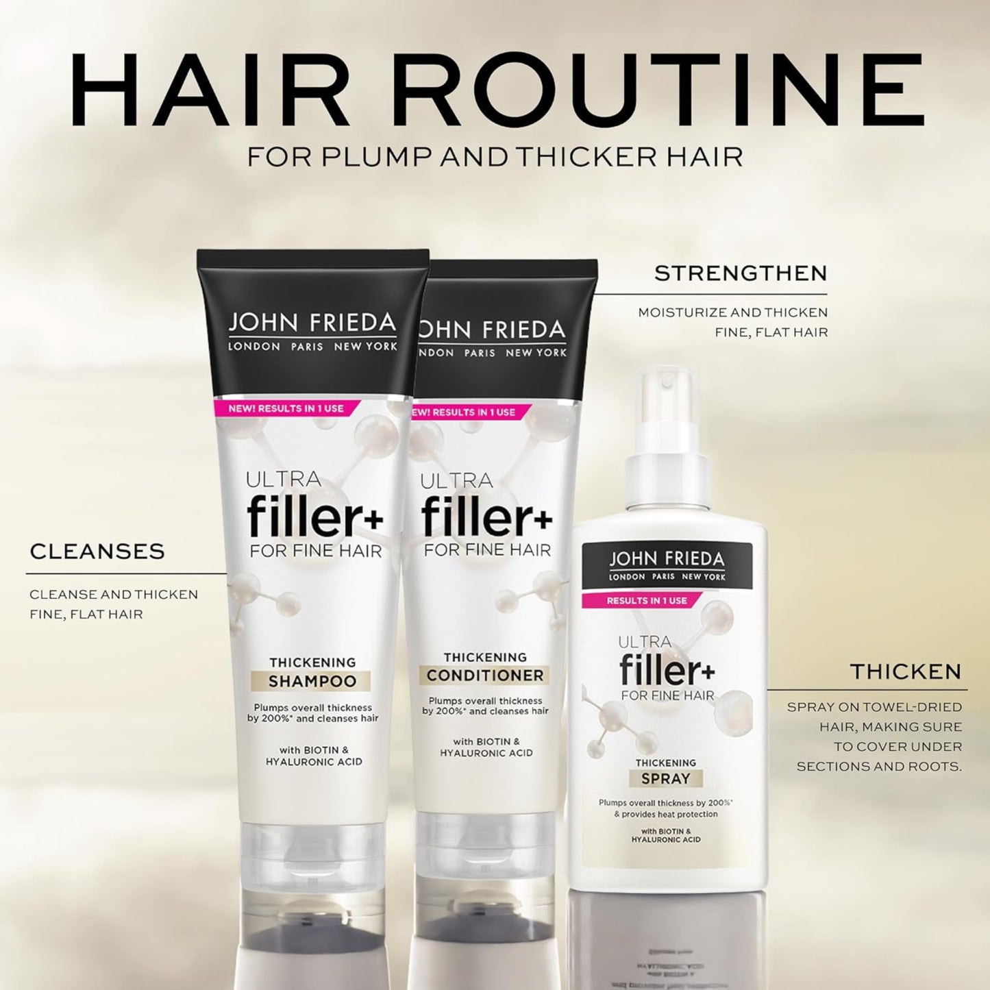 John Frieda hair care products for plump and thicker hair on a beige background