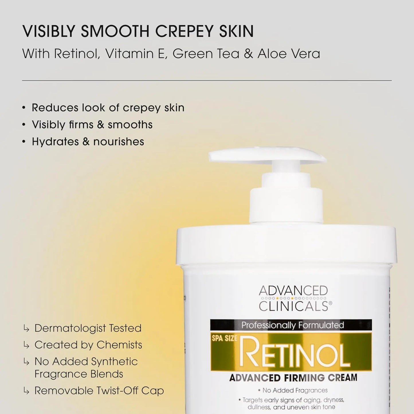 Retinol cream bottle with product features on a gradient background