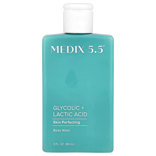 Teal bottle of MEDIX 5.5 body wash with white cap on a white background