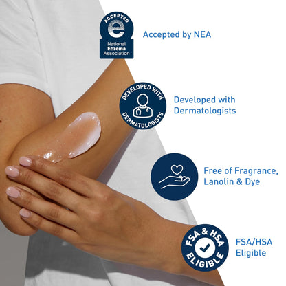 Person applying a clear cream to their arm with NEA, dermatologist, fragrance-free, and eligible for FSA/HSA labels.