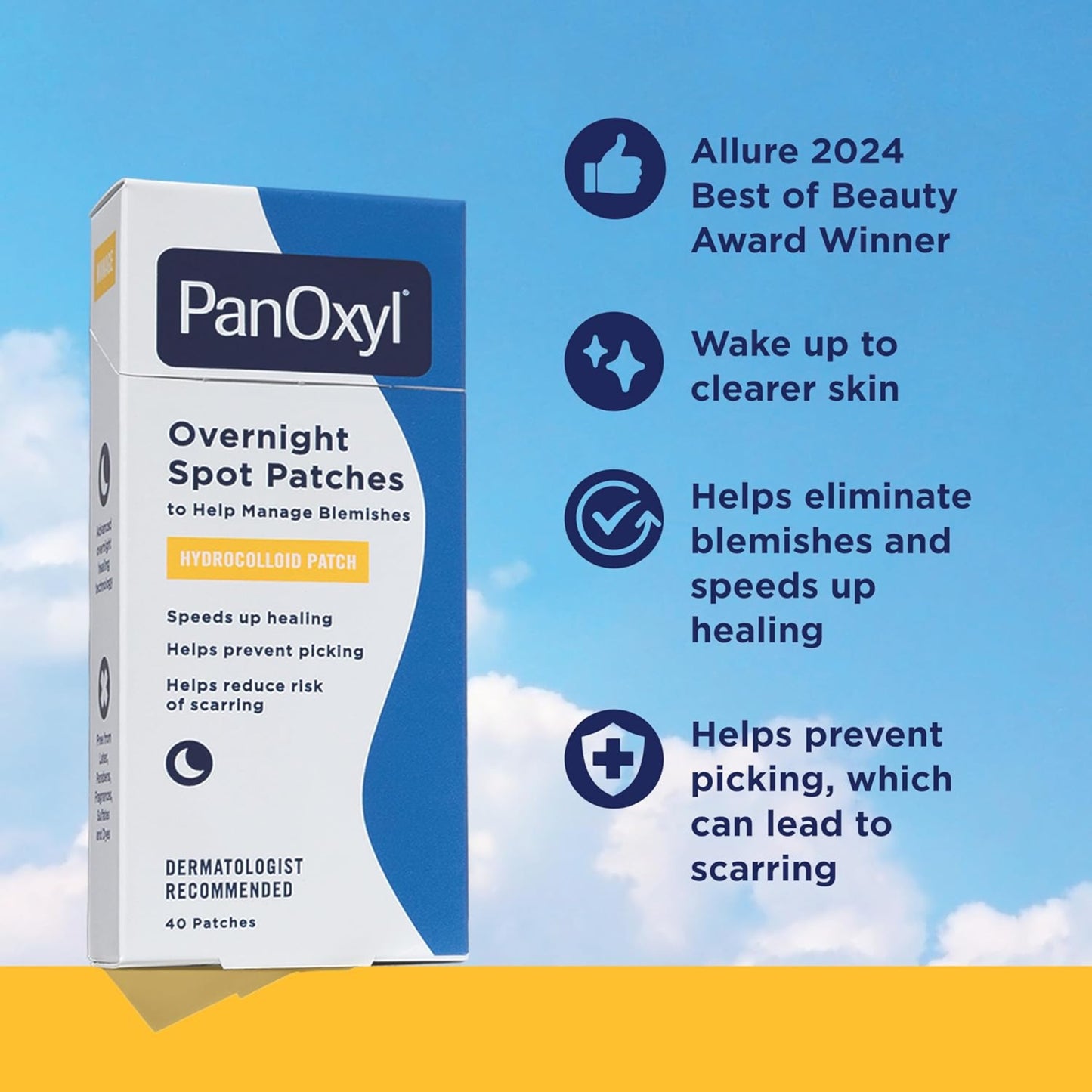 PanOxyl Overnight Spot Patches packaging with product benefits on a blue sky background