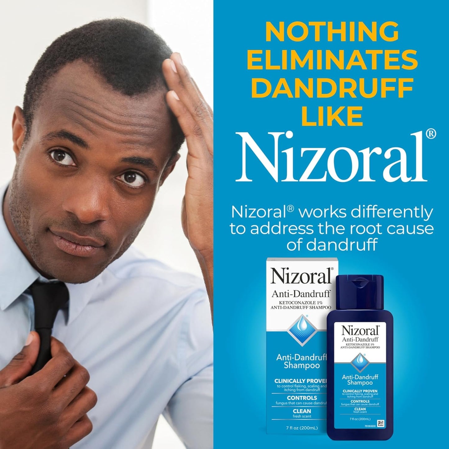 Advertisement for Nizoral anti-dandruff shampoo featuring a man with dandruff and product packaging.