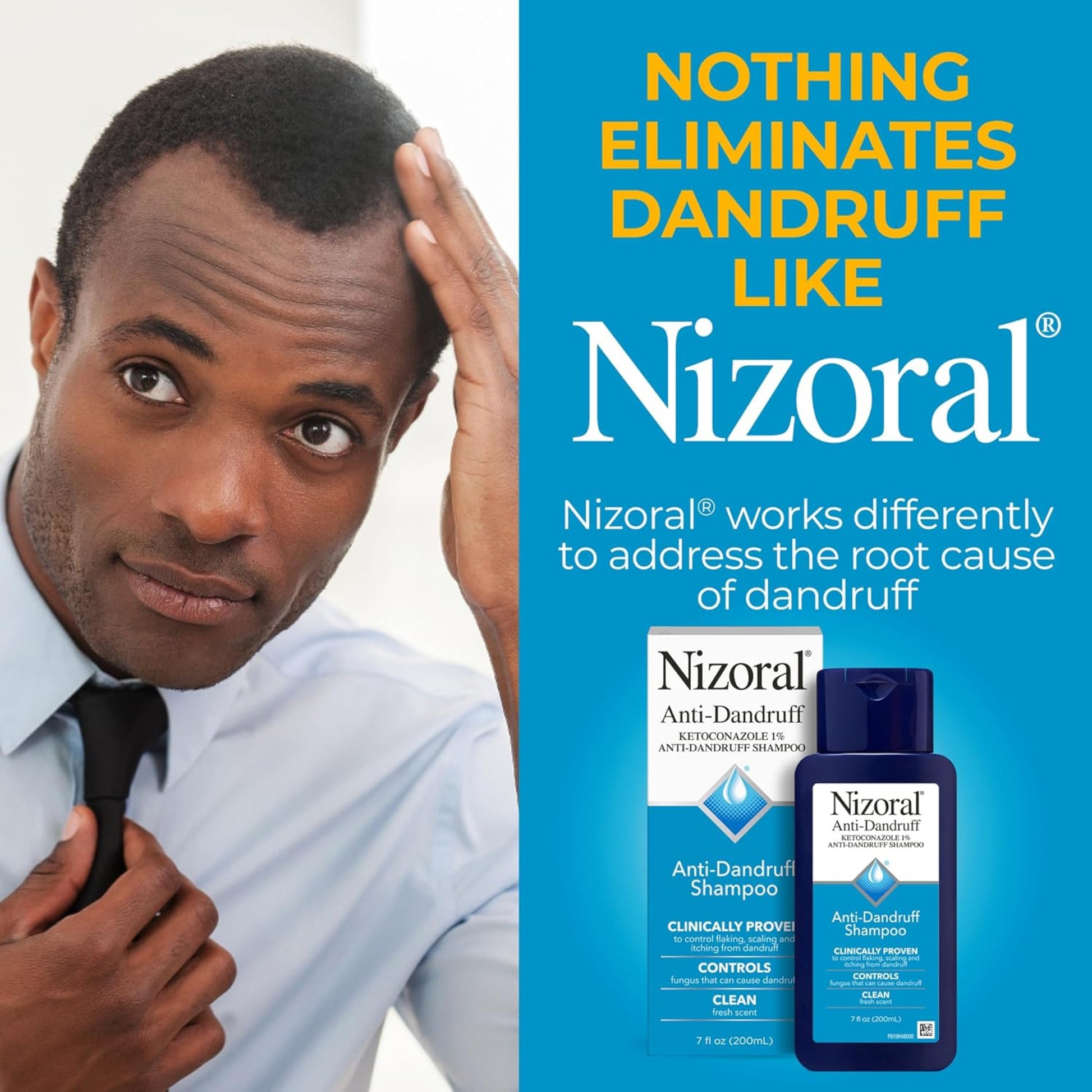 Advertisement for Nizoral anti-dandruff shampoo featuring a man with dandruff and product packaging.