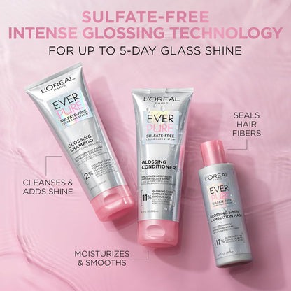 L'Oreal EverPure sulfate-free hair care products on a pink background with text highlighting features.