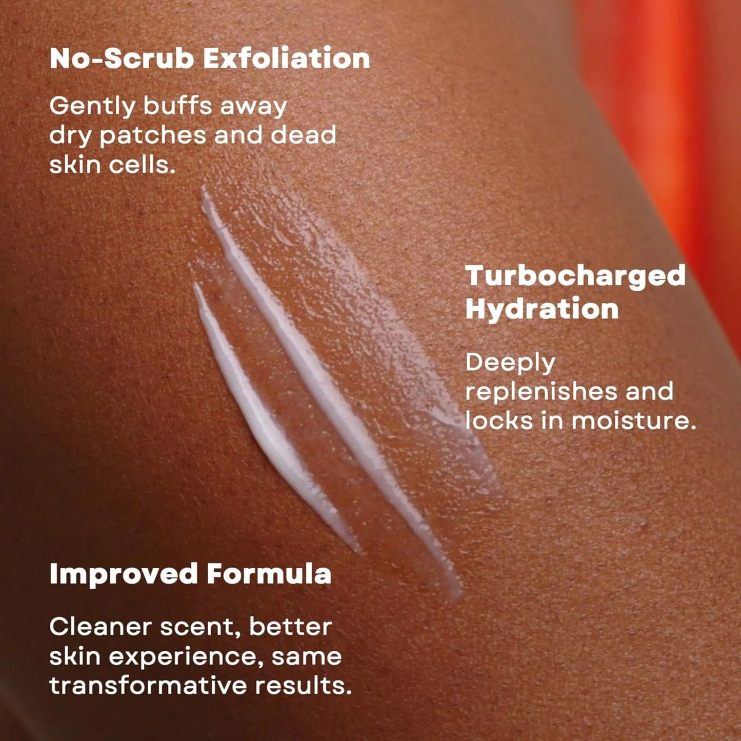 Skin with exfoliating cream applied, showing benefits on a brown background.