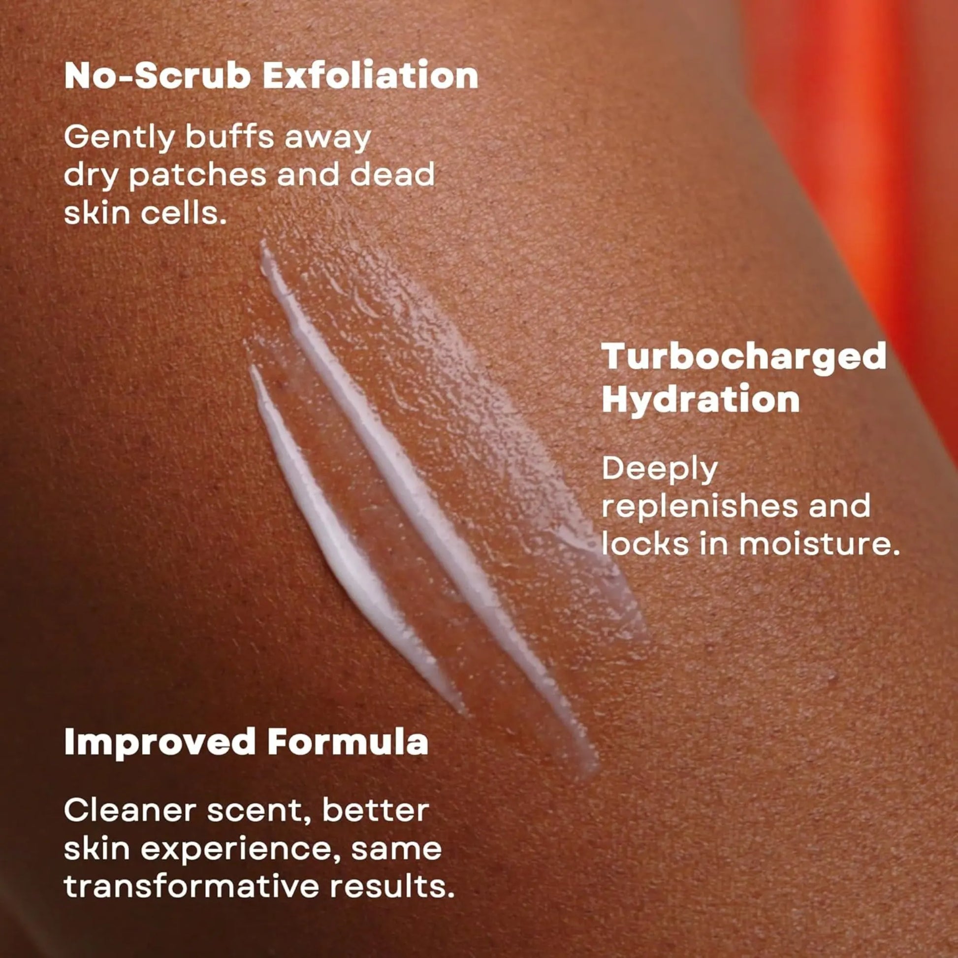 Skin with exfoliating cream applied, showing benefits on a brown background.