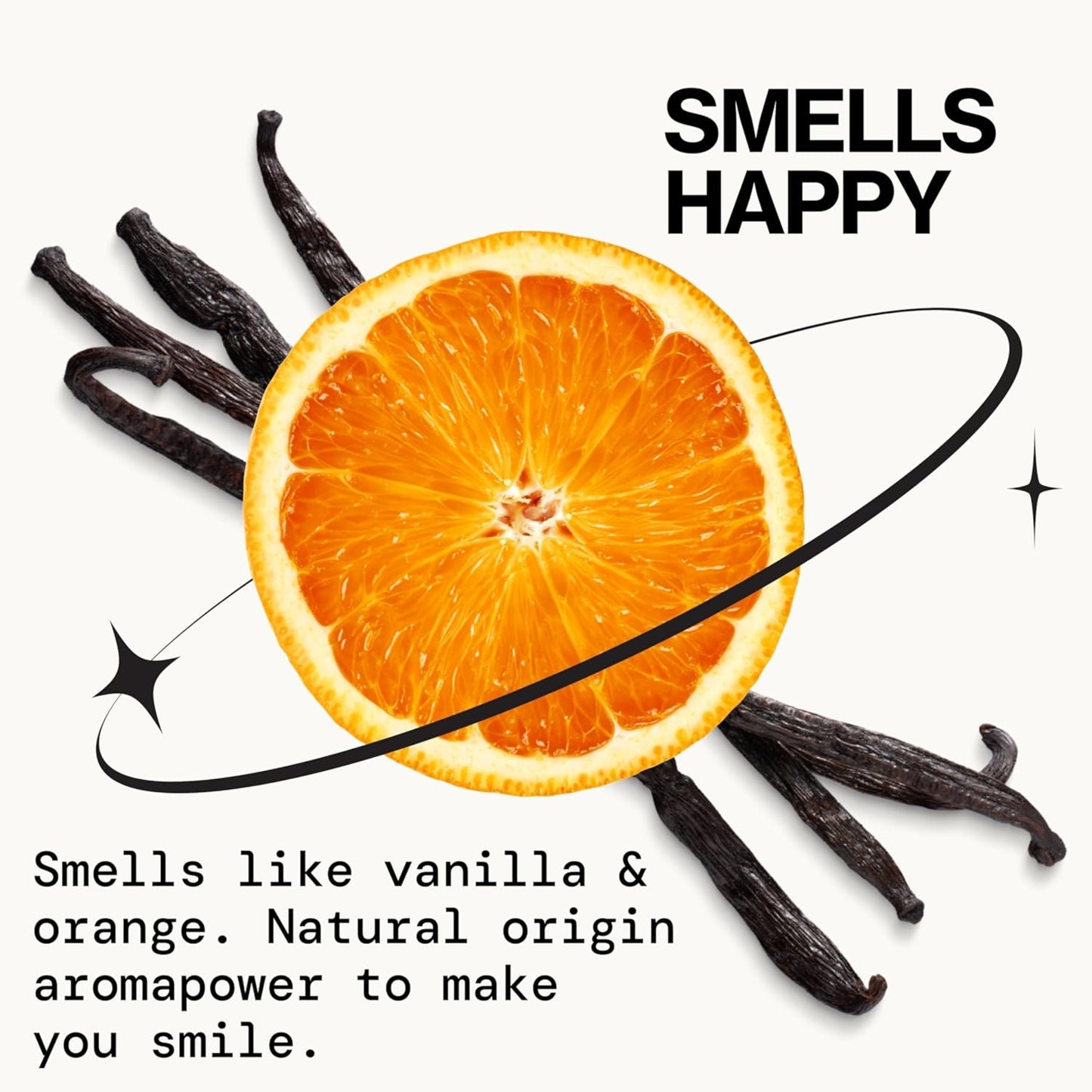 Vanilla beans and an orange with text 'Smells Happy' and 'Smells like vanilla & orange.'