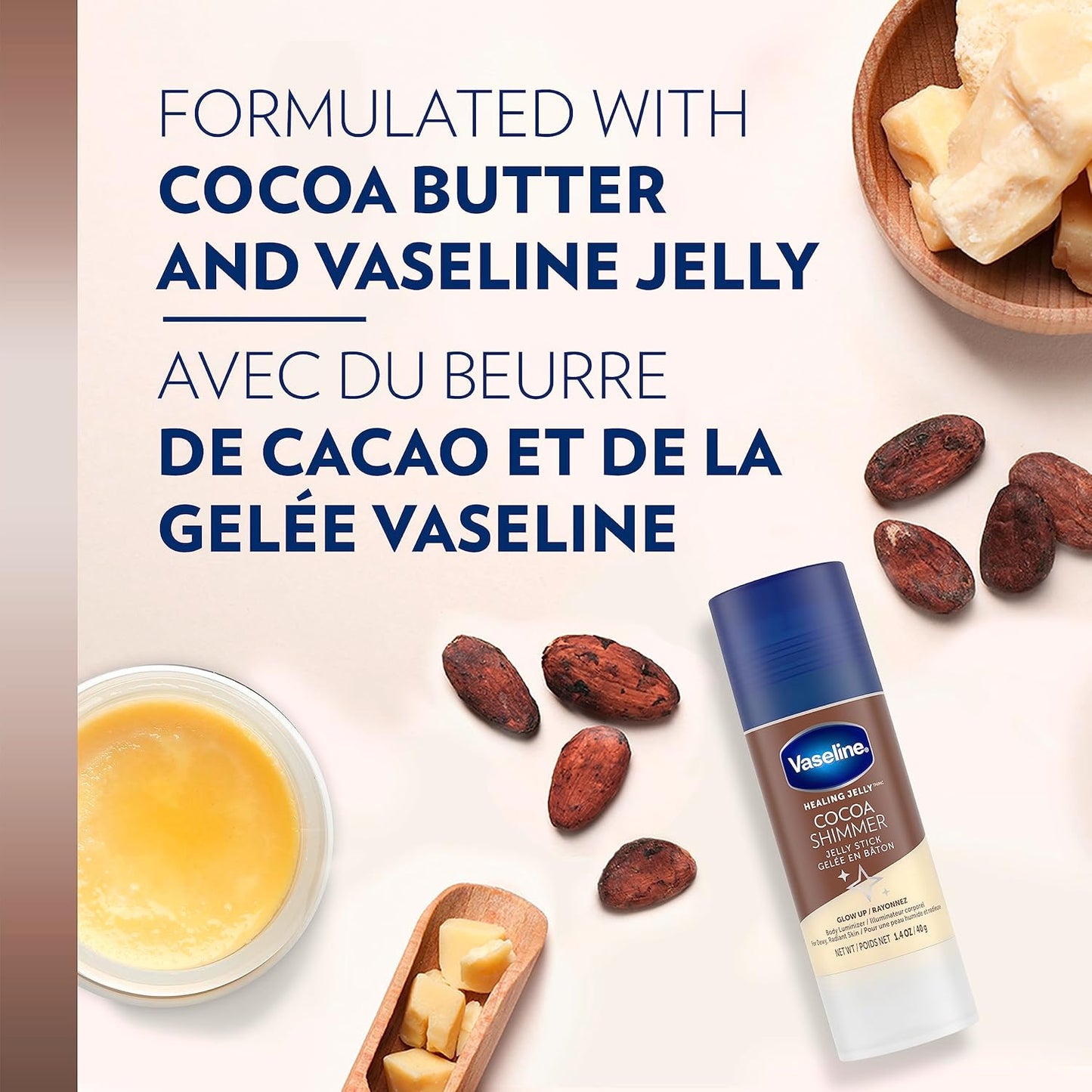 Vaseline Cocoa Butter Shimmer with cocoa butter, Vaseline jelly, and cocoa beans on a white background.