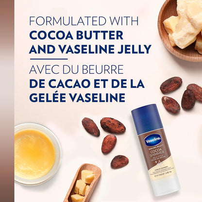 Vaseline Cocoa Butter Shimmer with cocoa butter, Vaseline jelly, and cocoa beans on a white background.