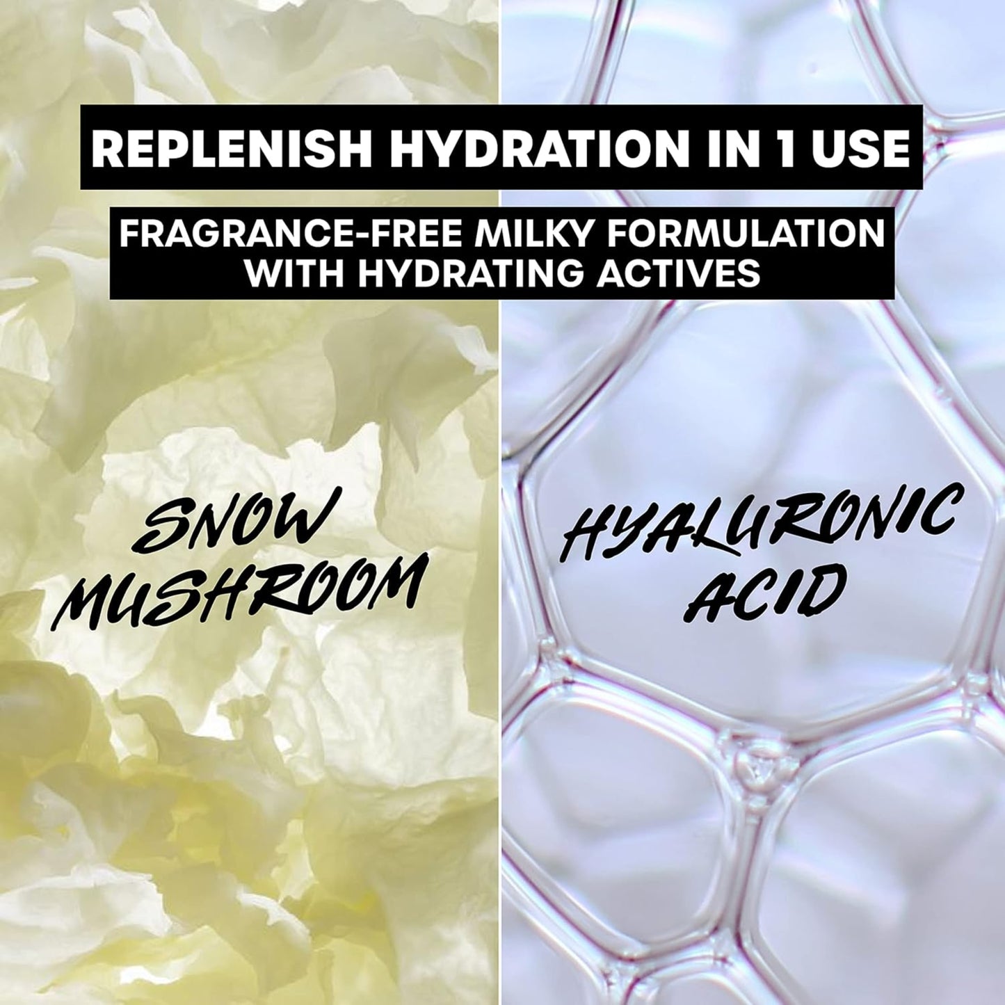 Product packaging with text about replenishing hydration, snow mushroom, and hyaluronic acid.