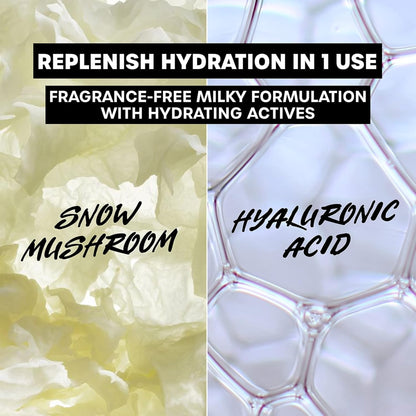 Product packaging with text about replenishing hydration, snow mushroom, and hyaluronic acid.