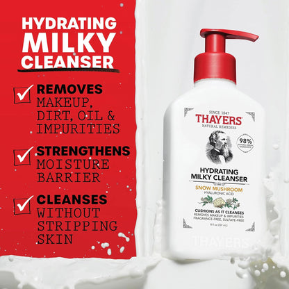 Thayers Hydrating Milky Cleanser bottle with red pump on a white background