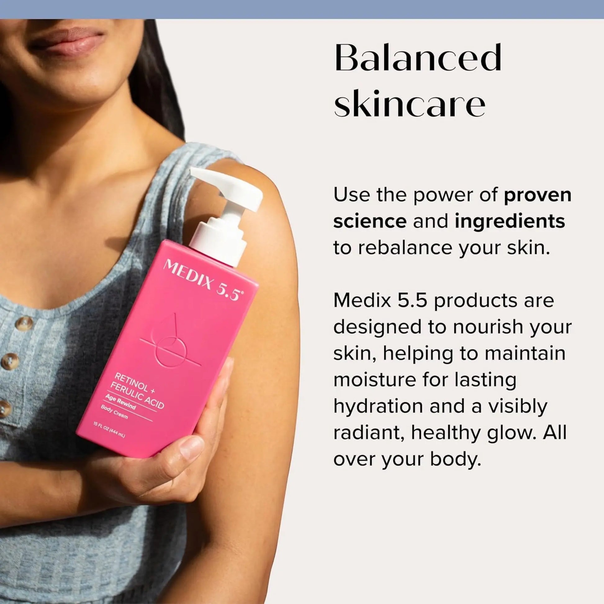 Person holding a pink Medix 5.5 skincare product with text about balanced skincare.