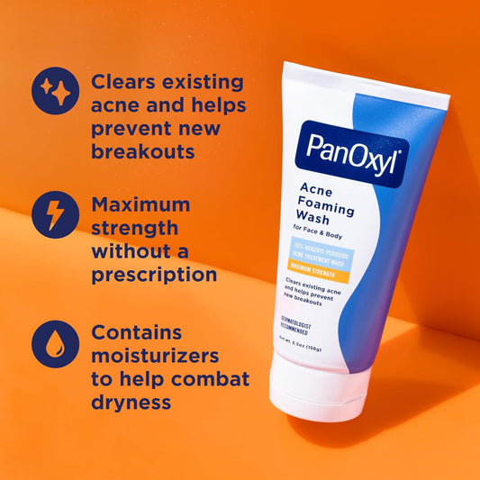 A tube of PANOXYL 10 Acne Antimicrobial Foaming Benzoyl Peroxide Wash with text highlighting its benefits for clearing acne, being maximum strength, and containing moisturizers to help combat dryness, placed against an orange background.