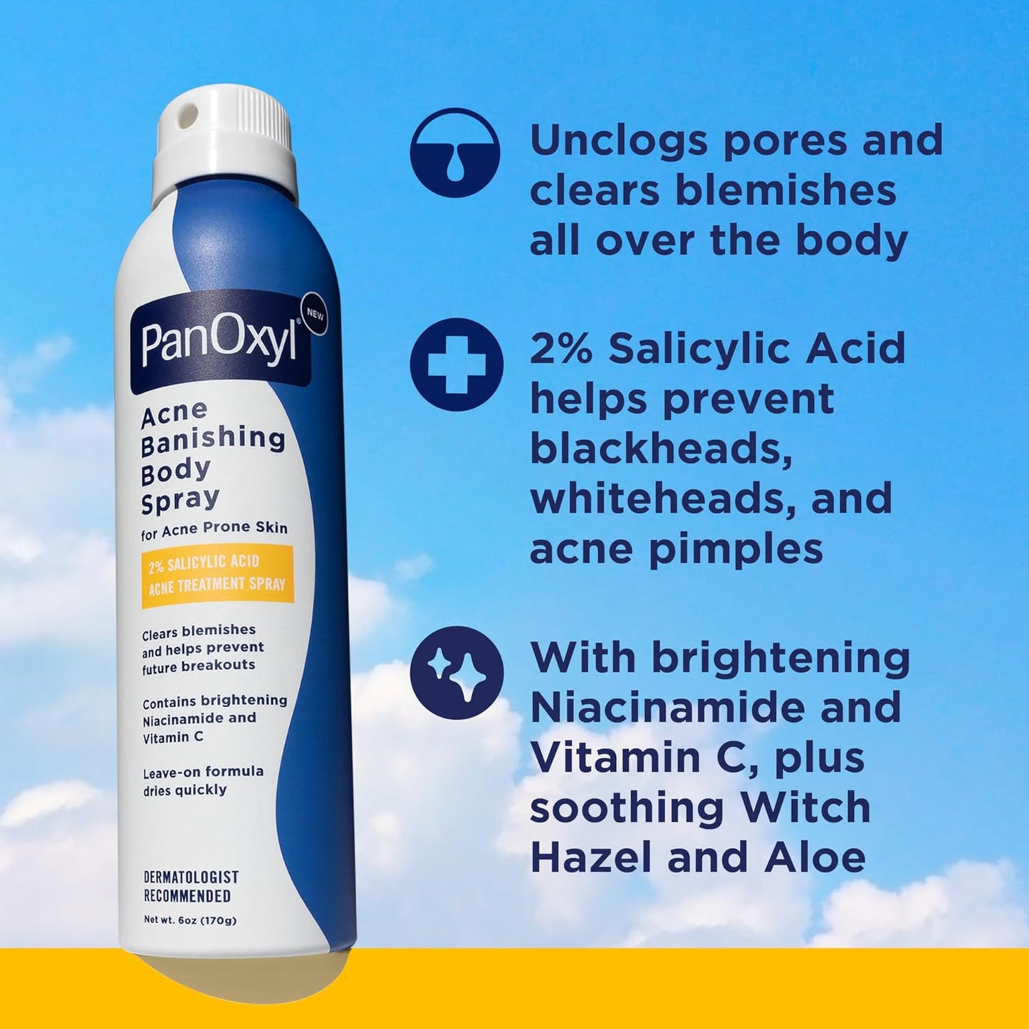 A bottle of PanOxyl Acne Banishing Body Spray with salicylic acid, niacinamide, and vitamin C, labeled for treating acne, with brightening witch hazel and aloe, on a blue background with text highlighting the key ingredients and benefits.