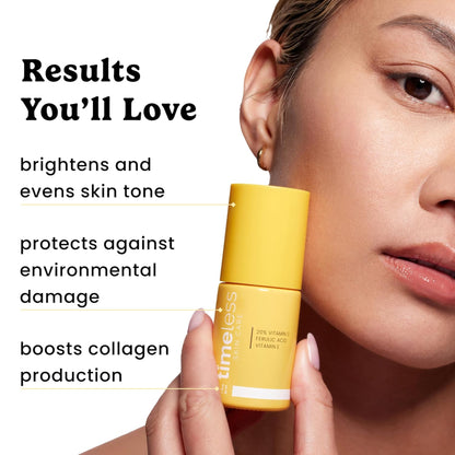 Yellow skincare product held by a hand with text highlighting benefits on a white background