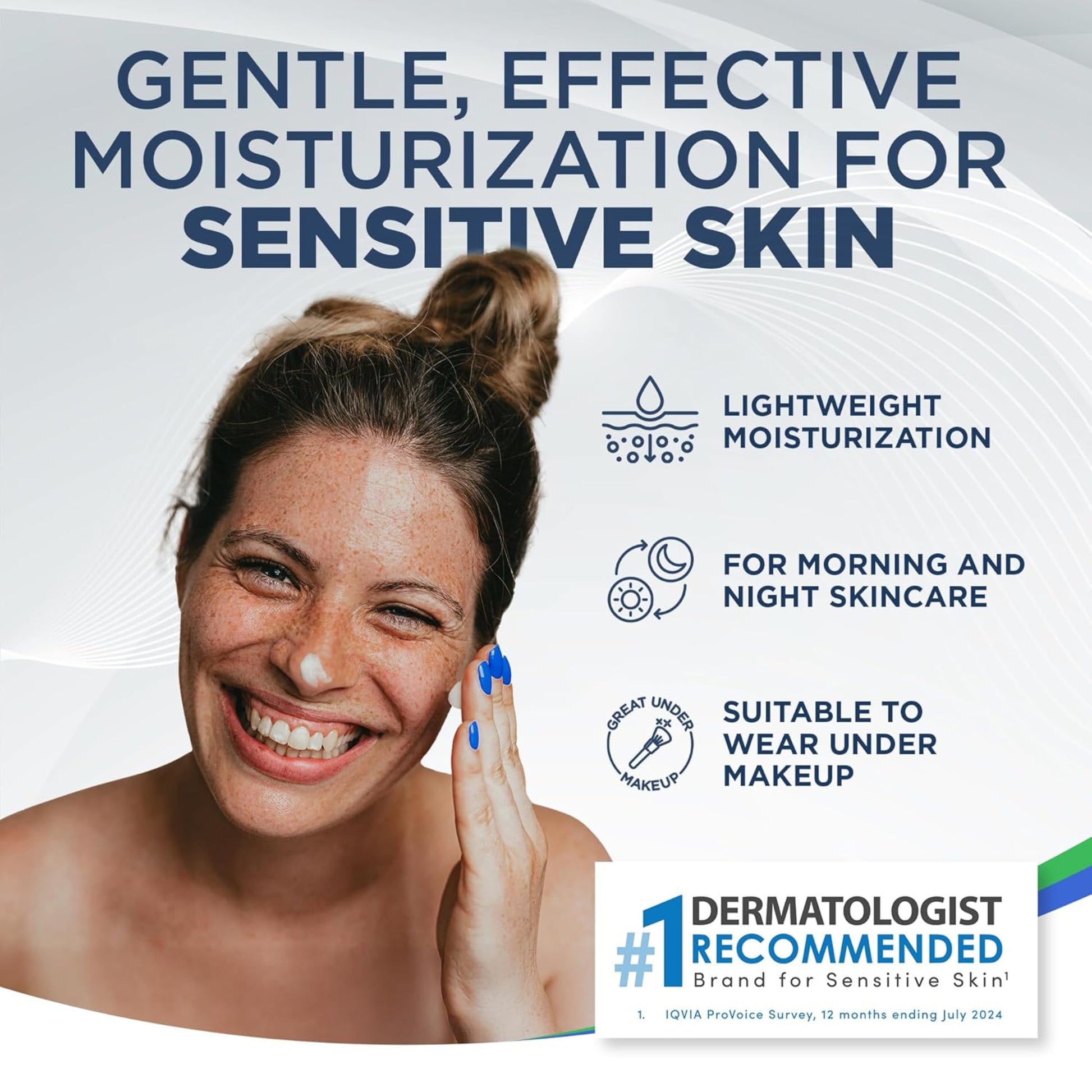 Advertisement for dermatologist-recommended moisturizer for sensitive skin with a woman applying cream.