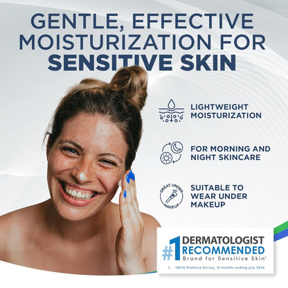 Advertisement for dermatologist-recommended moisturizer for sensitive skin with a woman applying cream.
