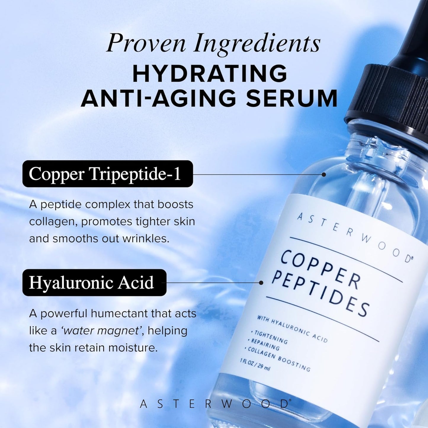 Asterwood Copper Peptides serum bottle with text about ingredients on a blue gradient background