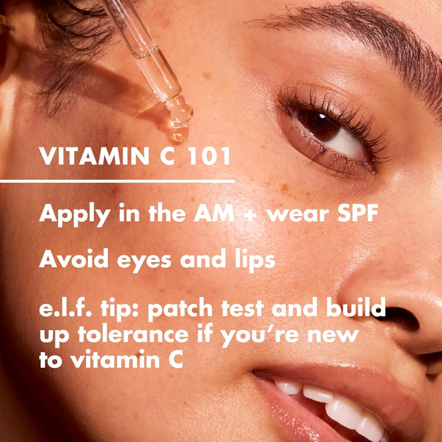 Close-up of a woman's face with text about vitamin C skincare.