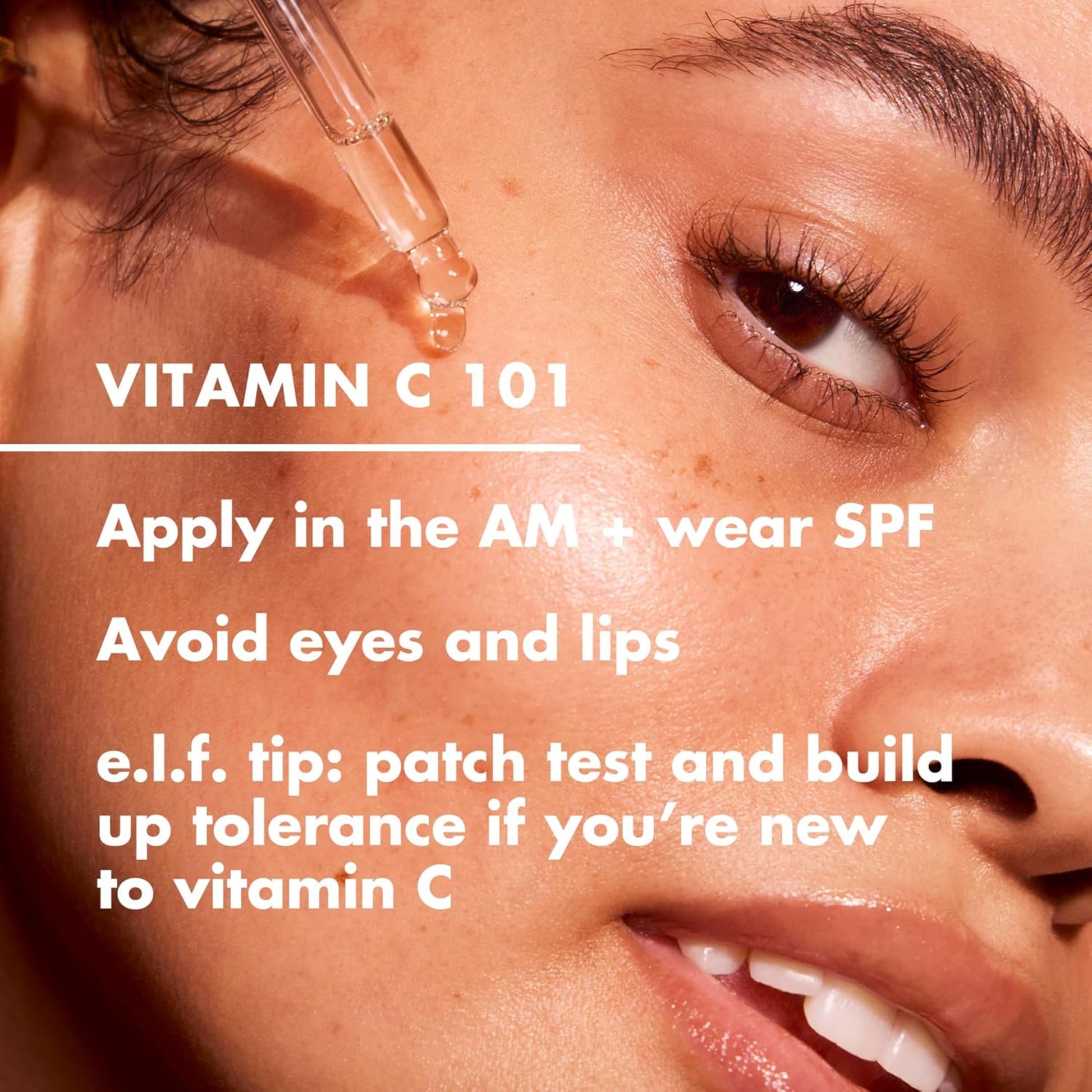 Close-up of a woman's face with text about vitamin C skincare.